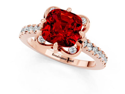 Rose gold Cushion Cut Ruby Ring with Pavé Band and Floral Prong Setting_1