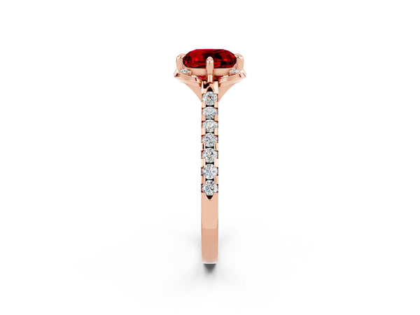 Rose gold Cushion Cut Ruby Ring with Pavé Band and Floral Prong Setting
