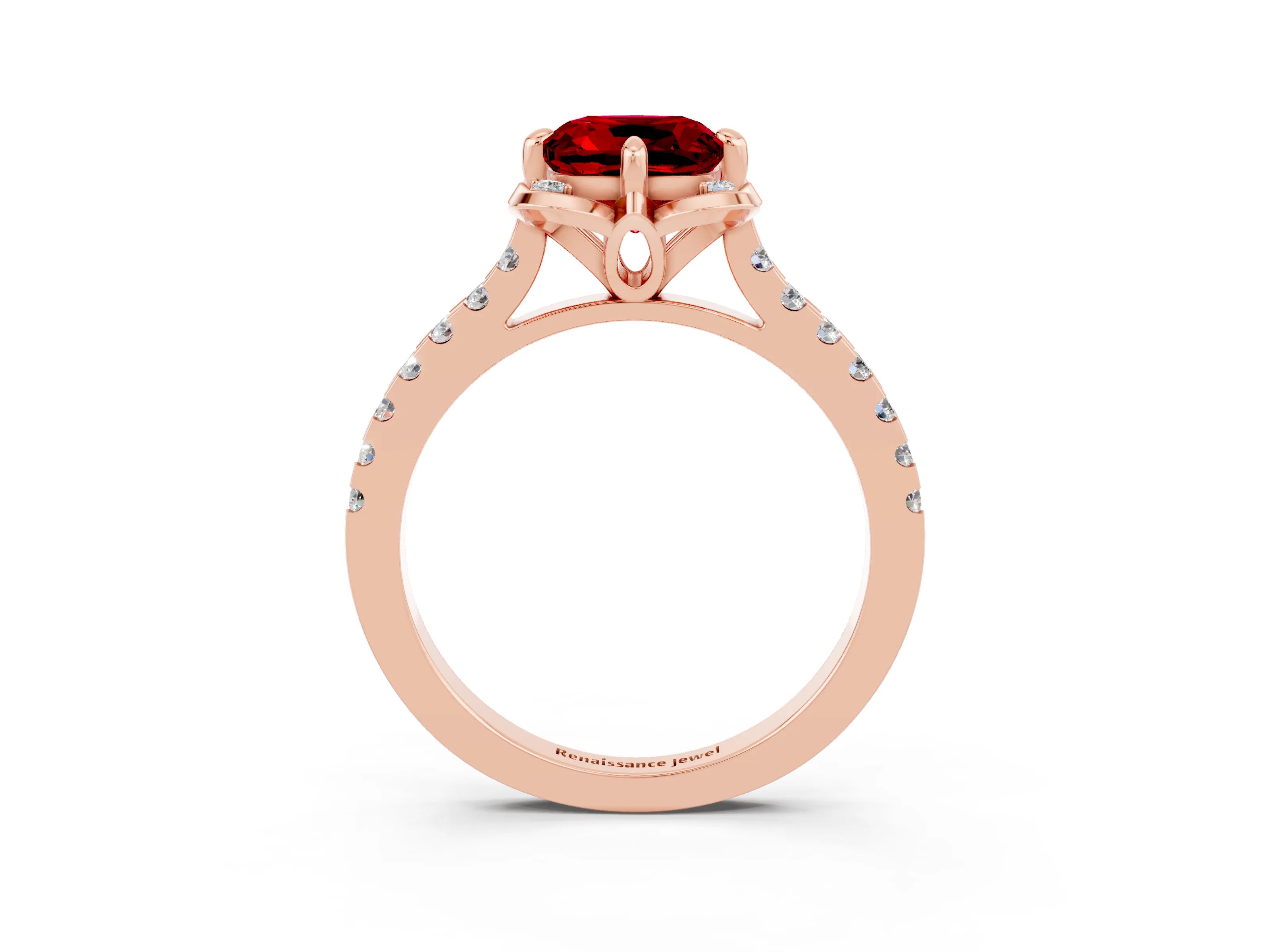 Rose gold Cushion Cut Ruby Ring with Pavé Band and Floral Prong Setting_3