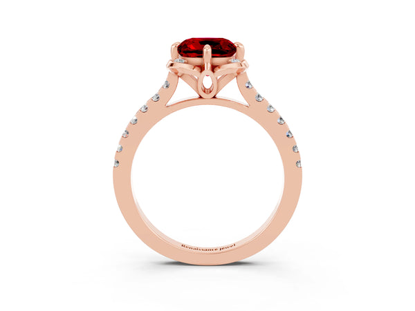 Rose gold Cushion Cut Ruby Ring with Pavé Band and Floral Prong Setting