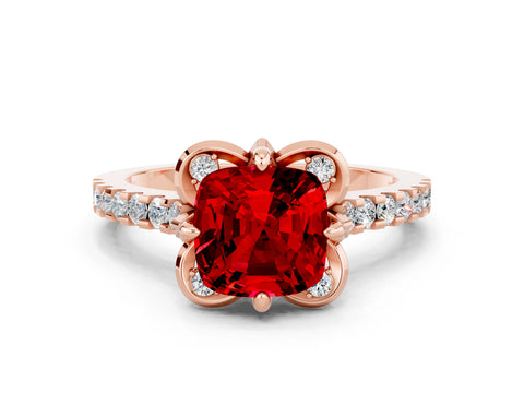 Rose gold Cushion Cut Ruby Ring with Pavé Band and Floral Prong Setting
