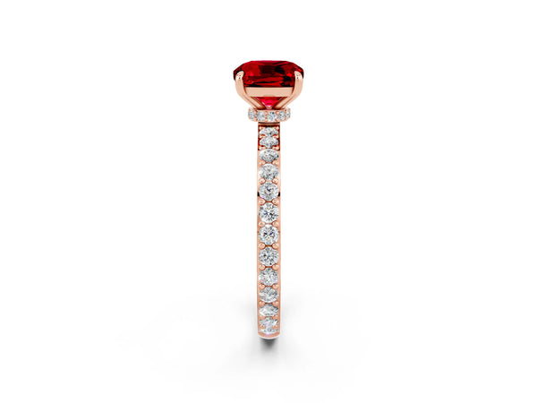Rose gold Cushion Cut Ruby Pavé Engagement Ring with Round  Accents and Prong Setting
