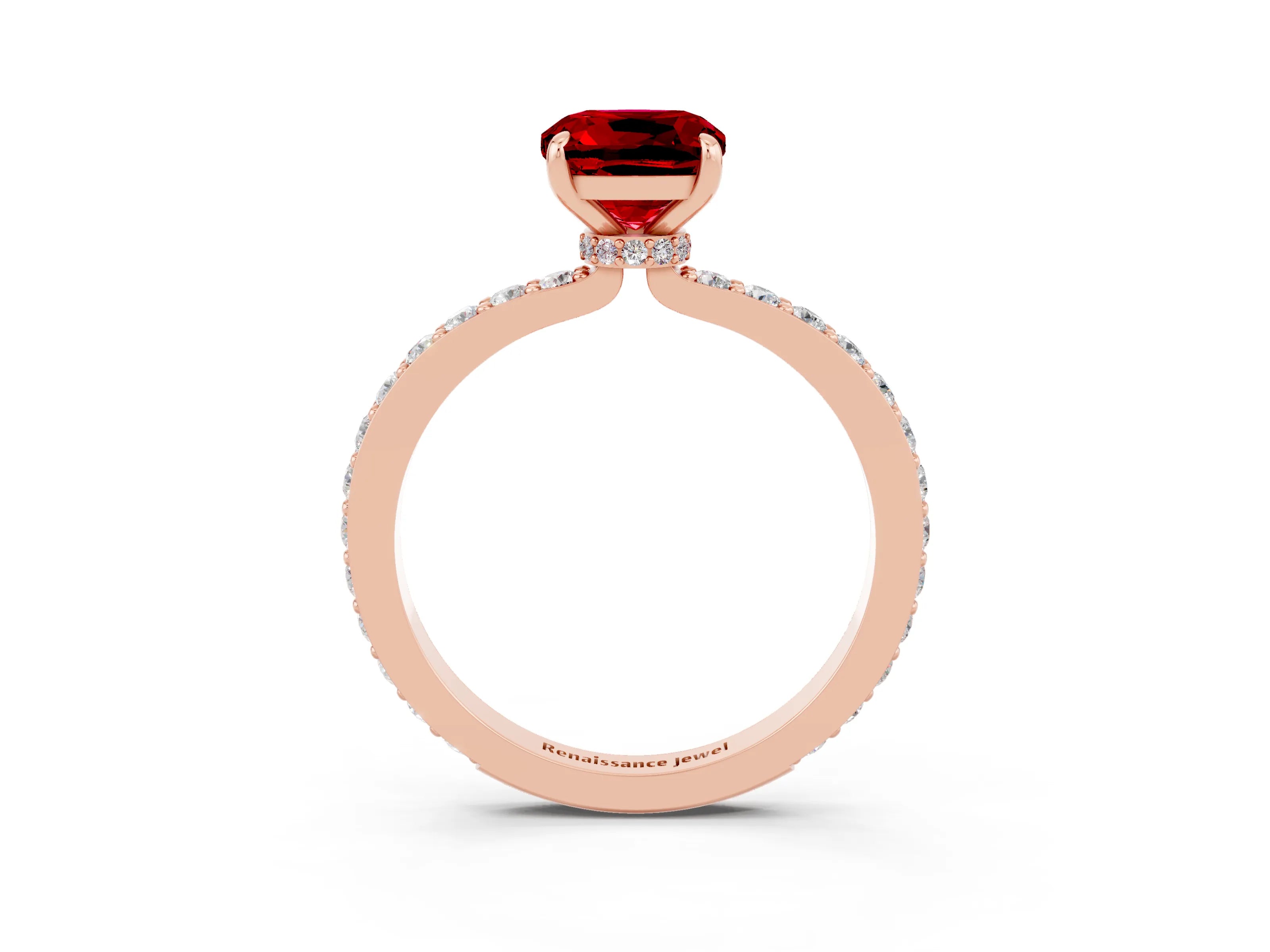 Rose gold Cushion Cut Ruby Ring with Pavé Band and Four-Prong Setting_3
