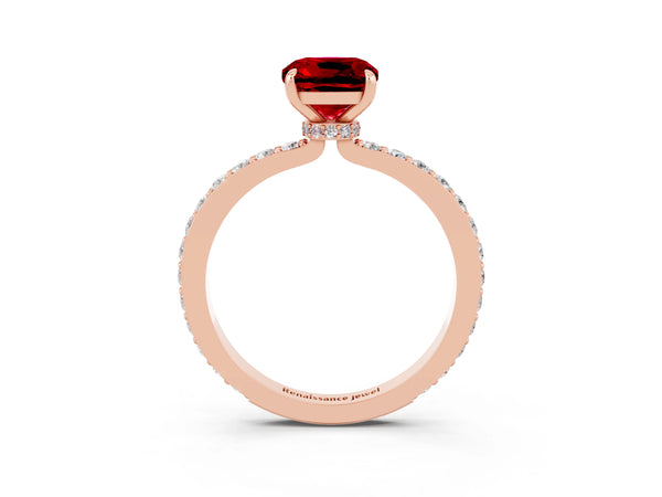 Rose gold Cushion Cut Ruby Pavé Engagement Ring with Round  Accents and Prong Setting