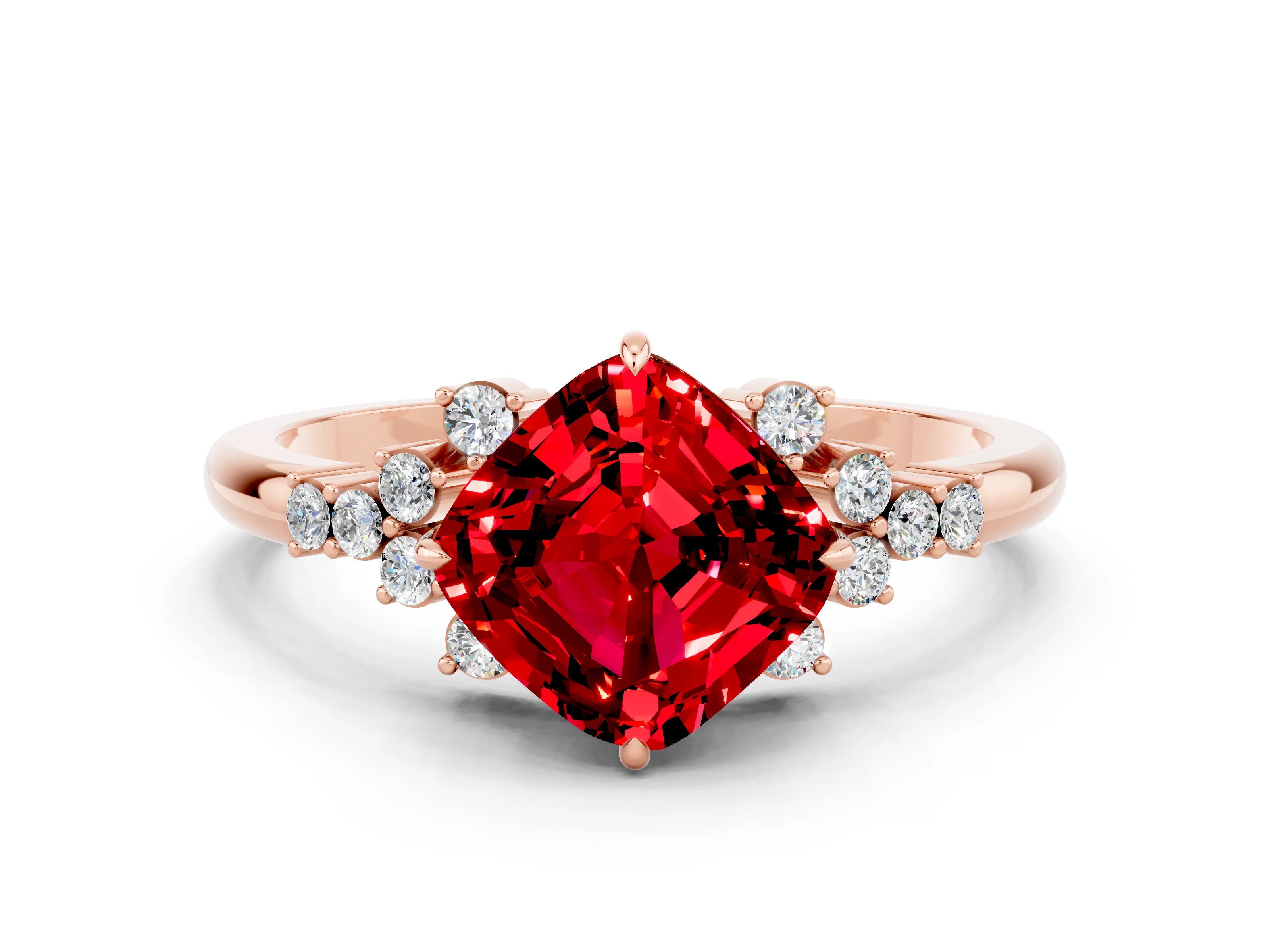 Rose gold Cushion Cut Ruby Ring with Side Stones and Four-Prong Setting_36
