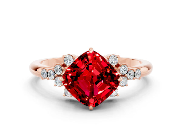 Rose gold Cushion Cut Ruby Ring with Side Stones and Four-Prong Setting