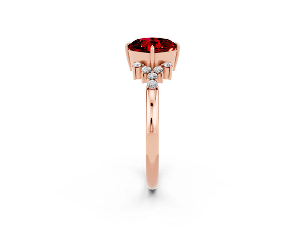 Rose gold Cushion Cut Ruby Ring with Side Stones and Four-Prong Setting