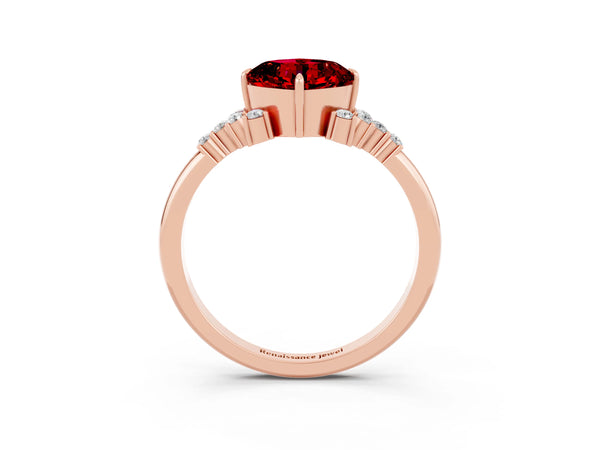 Rose gold Cushion Cut Ruby Ring with Side Stones and Four-Prong Setting