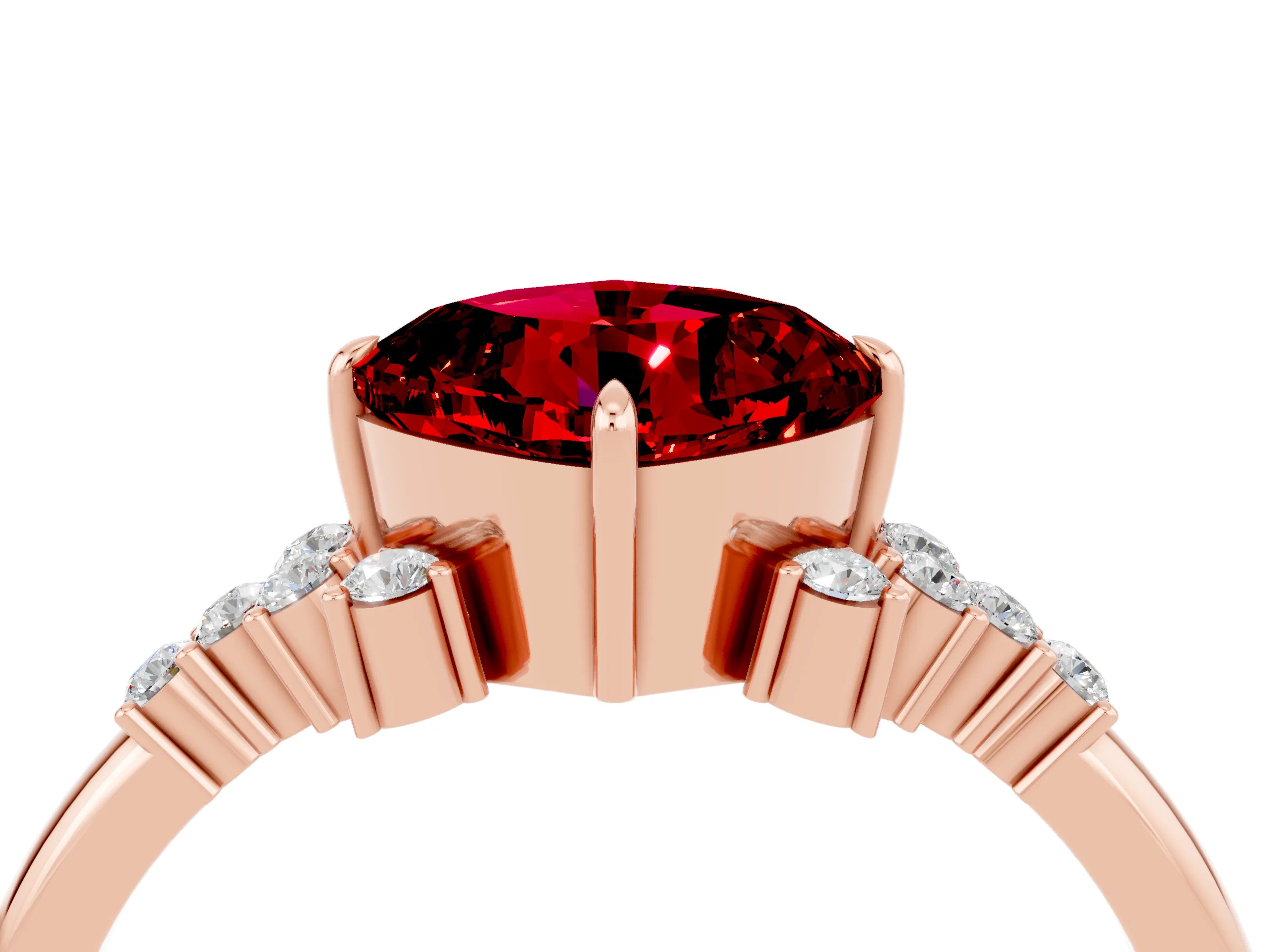 Rose gold Cushion Cut Ruby Ring with Side Stones and Four-Prong Setting_40