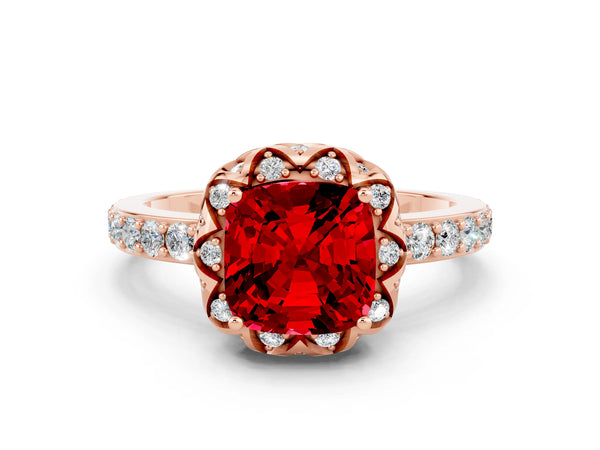Rose gold Cushion Cut Ruby Scalloped Halo Engagement Ring with Round Shared Prong Band