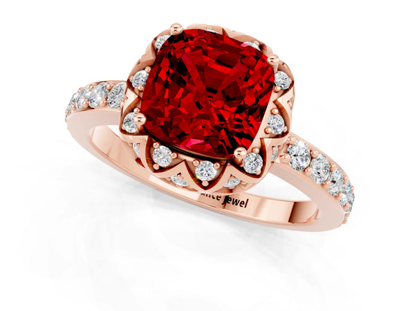 Rose gold Cushion Cut Ruby Scalloped Halo Engagement Ring with Round Shared Prong Band