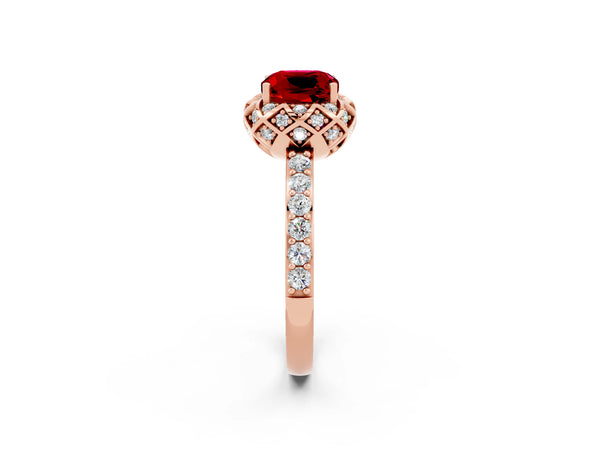 Rose gold Cushion Cut Ruby Scalloped Halo Engagement Ring with Round Shared Prong Band