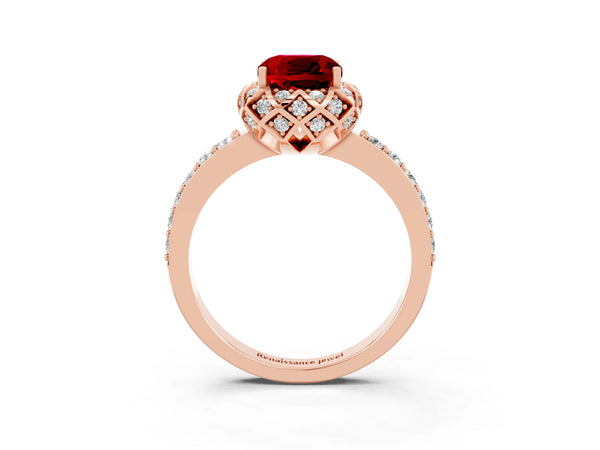 Rose gold Cushion Cut Ruby Scalloped Halo Engagement Ring with Round Shared Prong Band