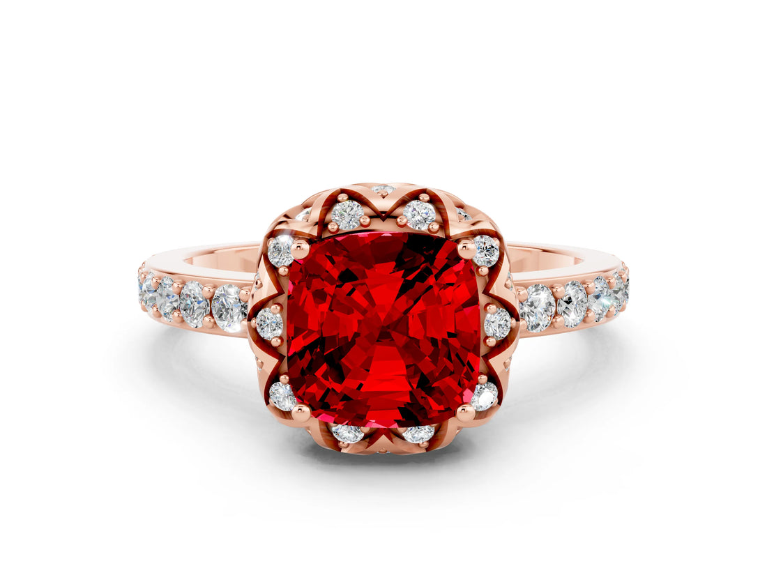 Rose gold Cushion Cut Ruby Scalloped Halo Engagement Ring with Round Shared Prong Band_36