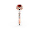 Rose gold Cushion Cut Ruby Scalloped Halo Engagement Ring with Round Shared Prong Band_38