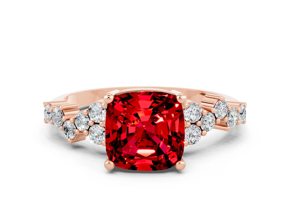 Rose gold Cushion Cut Ruby Scattered Round Accent Ring with Prong Setting_24