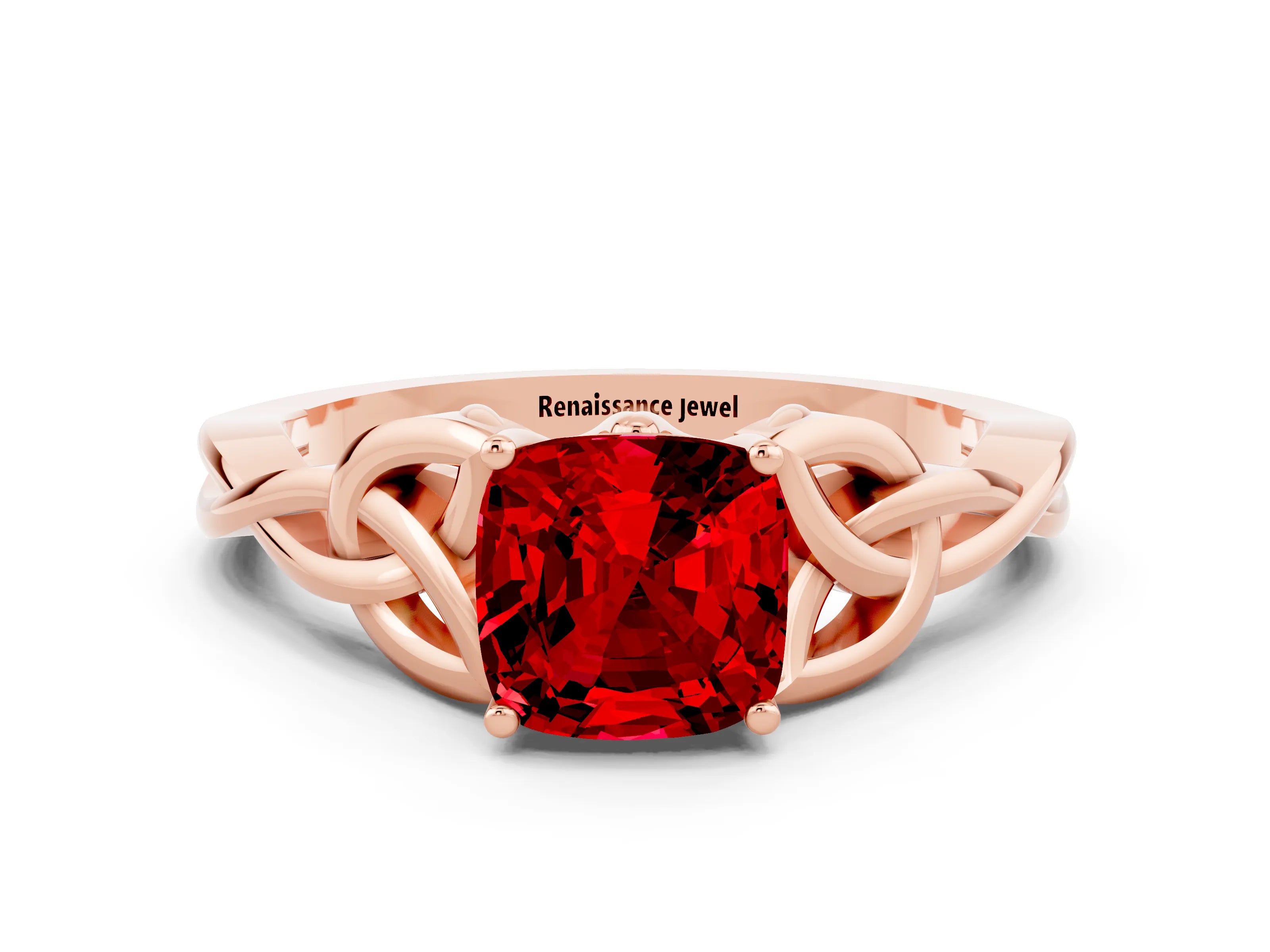 Rose gold Cushion Cut Ruby Solitaire Celtic Knot Ring with Four-Prong Setting_12