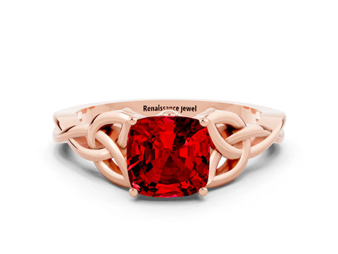 Rose gold Cushion Cut Ruby Solitaire Celtic Knot Ring with Four-Prong Setting_12