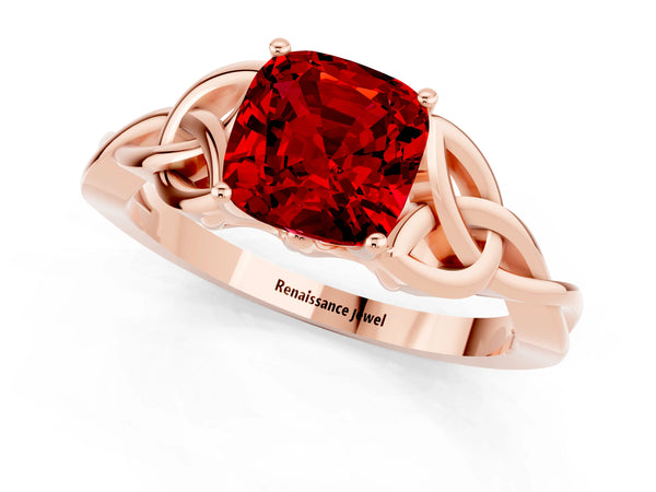 Rose gold Cushion Cut Ruby Solitaire Celtic Knot Ring with Four-Prong Setting