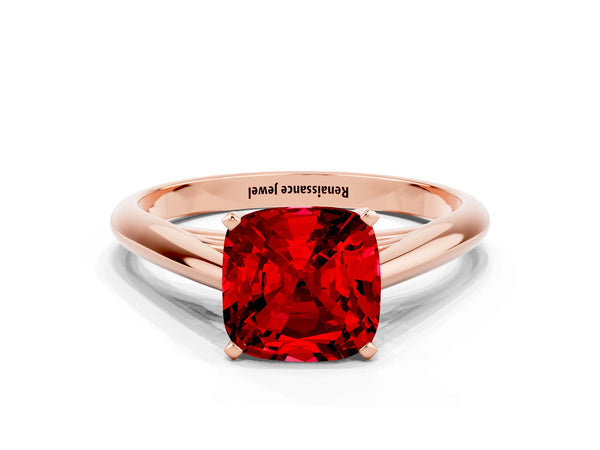 Rose gold Cushion Cut Ruby Solitaire Engagement Ring with Cathedral Setting and Four-Prong Mount