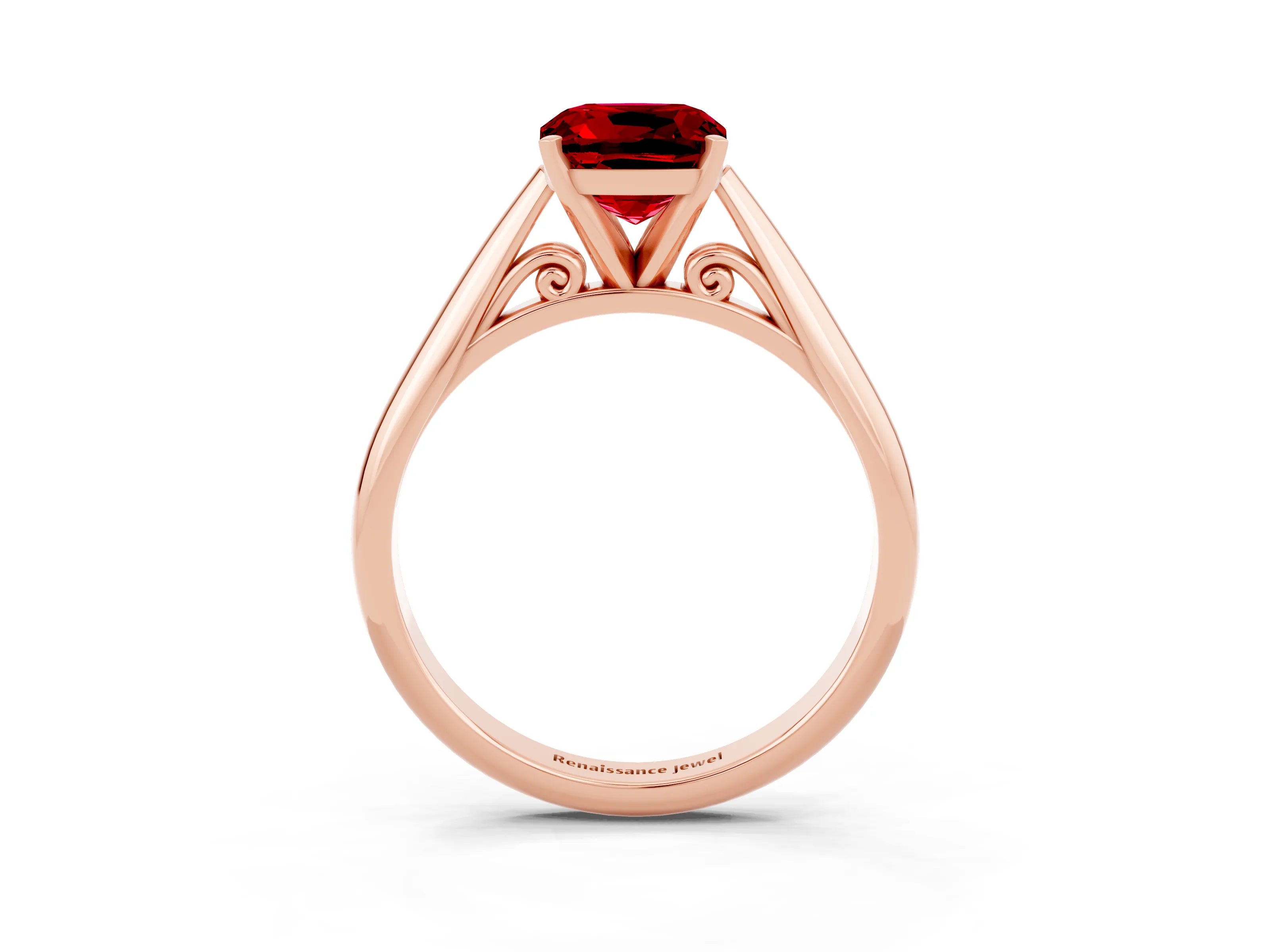 Rose gold Cushion Cut Ruby Solitaire Engagement Ring with Cathedral Setting and Four-Prong Mount_15