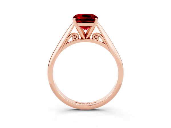 Rose gold Cushion Cut Ruby Solitaire Engagement Ring with Cathedral Setting and Four-Prong Mount