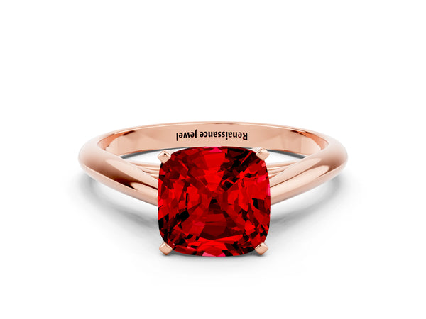 Rose gold Cushion Cut Ruby Solitaire Engagement Ring with Cathedral Setting and Four-Prong Mount