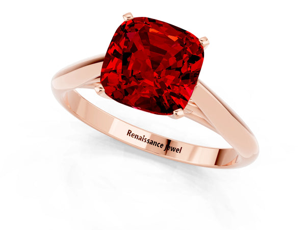 Rose gold Cushion Cut Ruby Solitaire Engagement Ring with Cathedral Setting and Four-Prong Mount