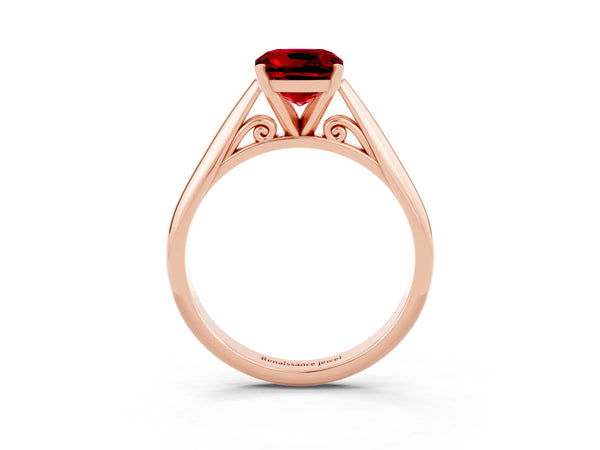 Rose gold Cushion Cut Ruby Solitaire Engagement Ring with Cathedral Setting and Four-Prong Mount