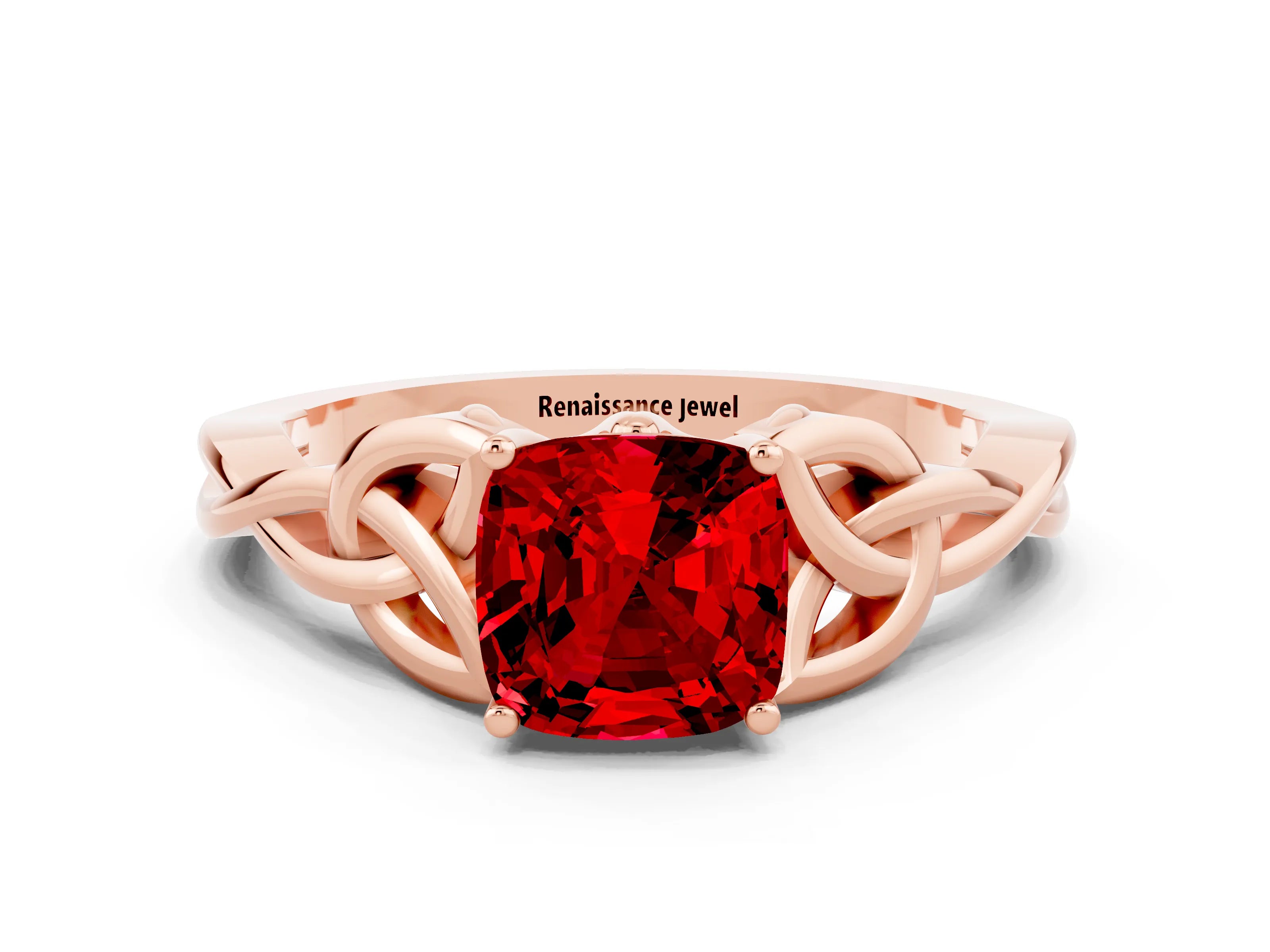 Rose gold Cushion Cut Ruby Solitaire Engagement Ring with Celtic Knot Band and Four-Prong Setting
