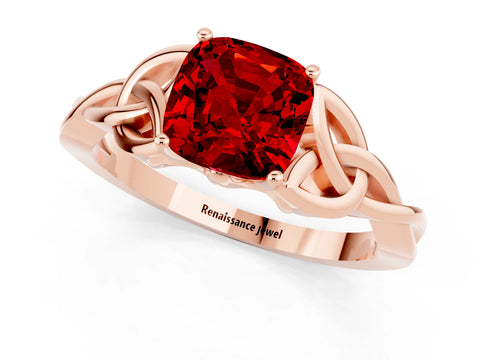 Rose gold Cushion Cut Ruby Solitaire Engagement Ring with Celtic Knot Band and Four-Prong Setting_1