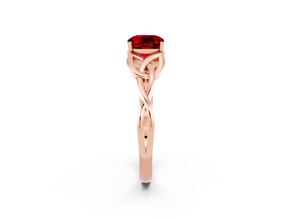 Rose gold Cushion Cut Ruby Solitaire Engagement Ring with Celtic Knot Band and Four-Prong Setting
