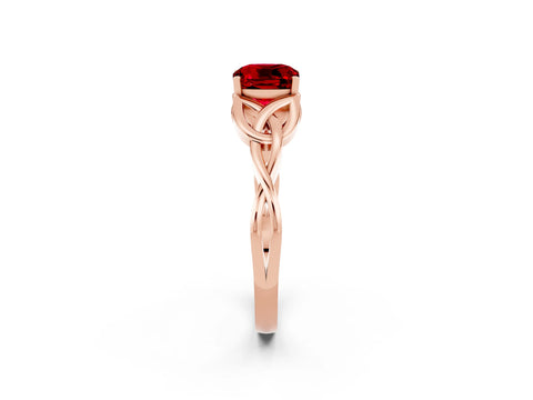 Rose gold Cushion Cut Ruby Solitaire Engagement Ring with Celtic Knot Band and Four-Prong Setting_2