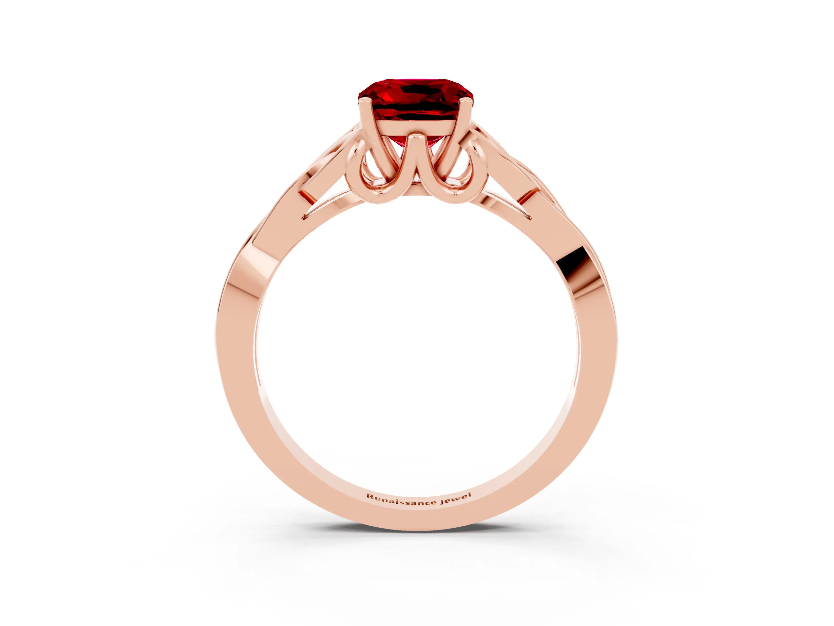 Rose gold Cushion Cut Ruby Solitaire Engagement Ring with Celtic Knot Band and Four-Prong Setting_3