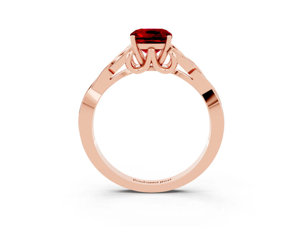 Rose gold Cushion Cut Ruby Solitaire Engagement Ring with Celtic Knot Band and Four-Prong Setting