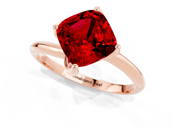 Rose gold Cushion Cut Ruby Solitaire Engagement Ring with Four-Prong Setting and Classic Band