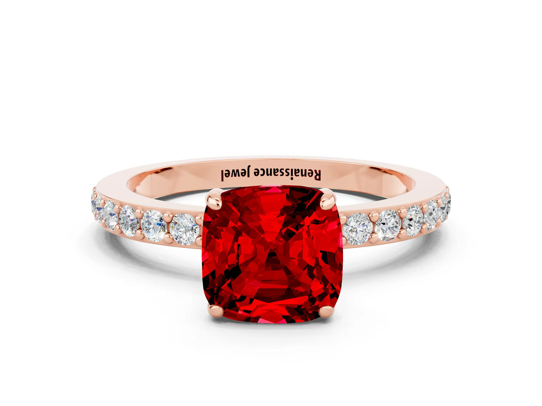 Rose gold Cushion Cut Ruby Solitaire Engagement Ring with Pavé Band and Four-Prong Setting