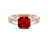 Rose gold Cushion Cut Ruby Solitaire Engagement Ring with Pavé Band and Four-Prong Setting