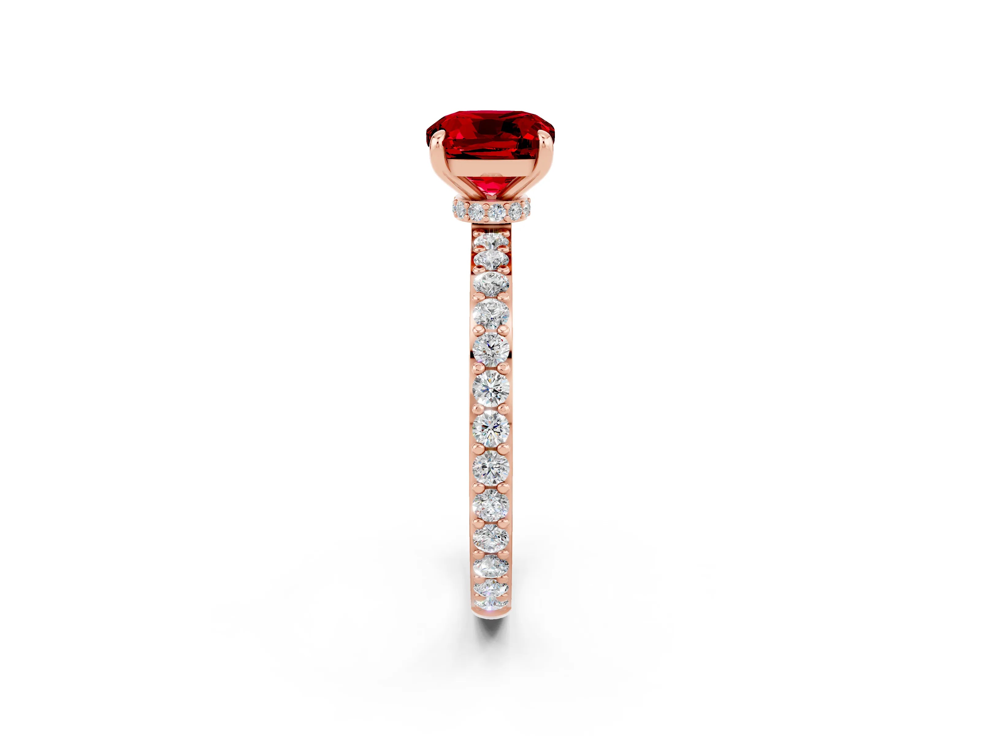 Rose gold Cushion Cut Ruby Solitaire Engagement Ring with Pavé Band and Four-Prong Setting_2