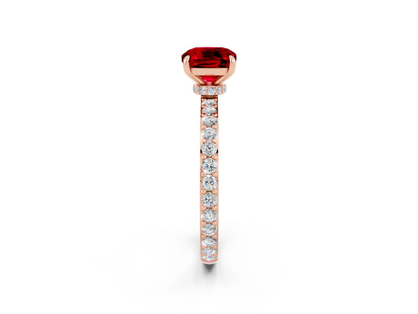 Rose gold Cushion Cut Ruby Solitaire Engagement Ring with Pavé Band and Four-Prong Setting