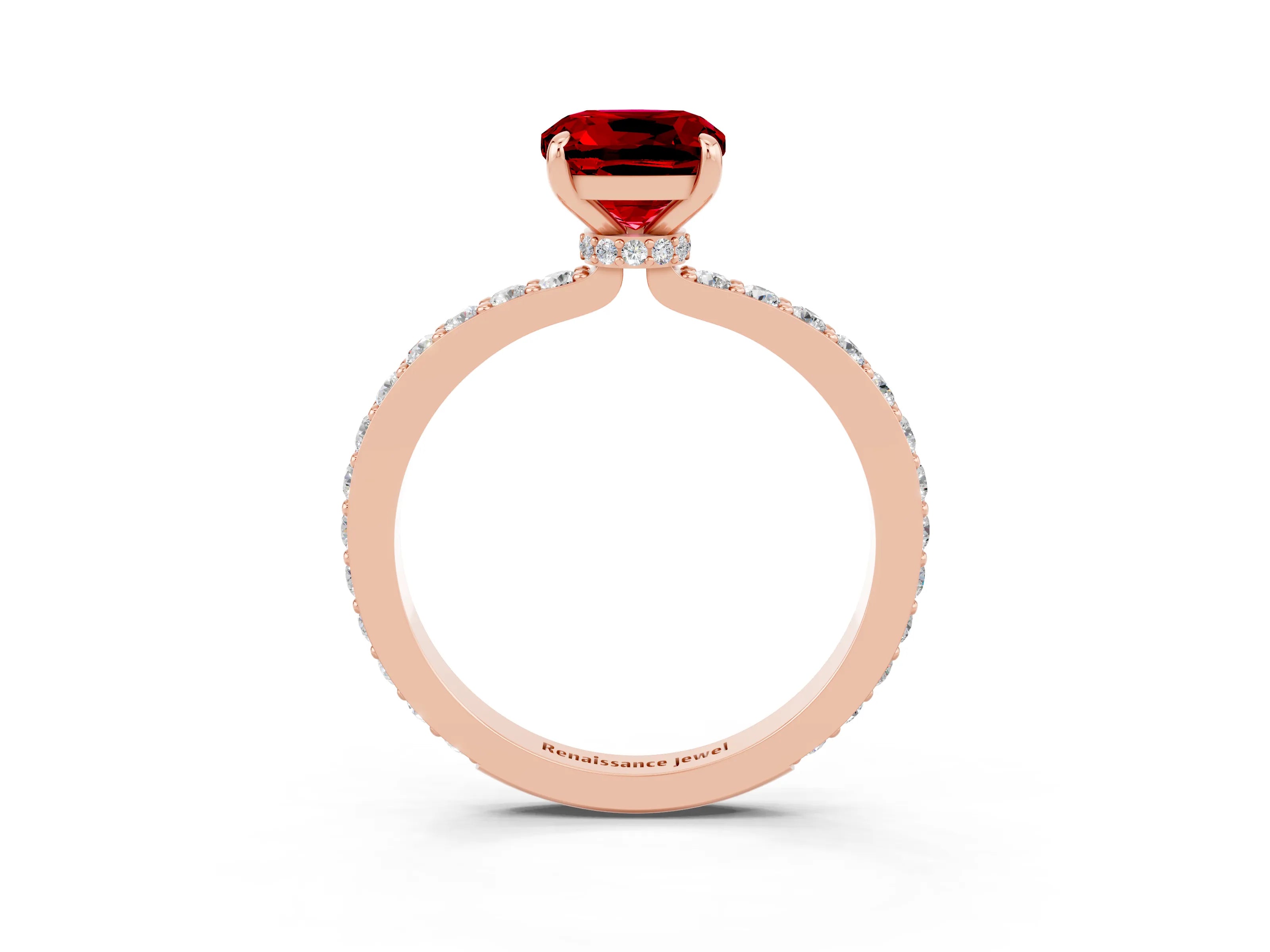 Rose gold Cushion Cut Ruby Solitaire Engagement Ring with Pavé Band and Four-Prong Setting_3
