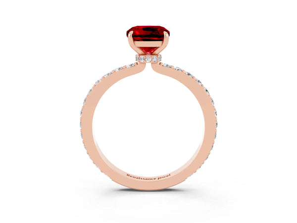 Rose gold Cushion Cut Ruby Solitaire Engagement Ring with Pavé Band and Four-Prong Setting