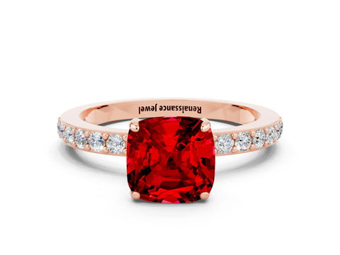 Rose gold Cushion Cut Ruby Solitaire Engagement Ring with Pavé Band and Four-Prong Setting