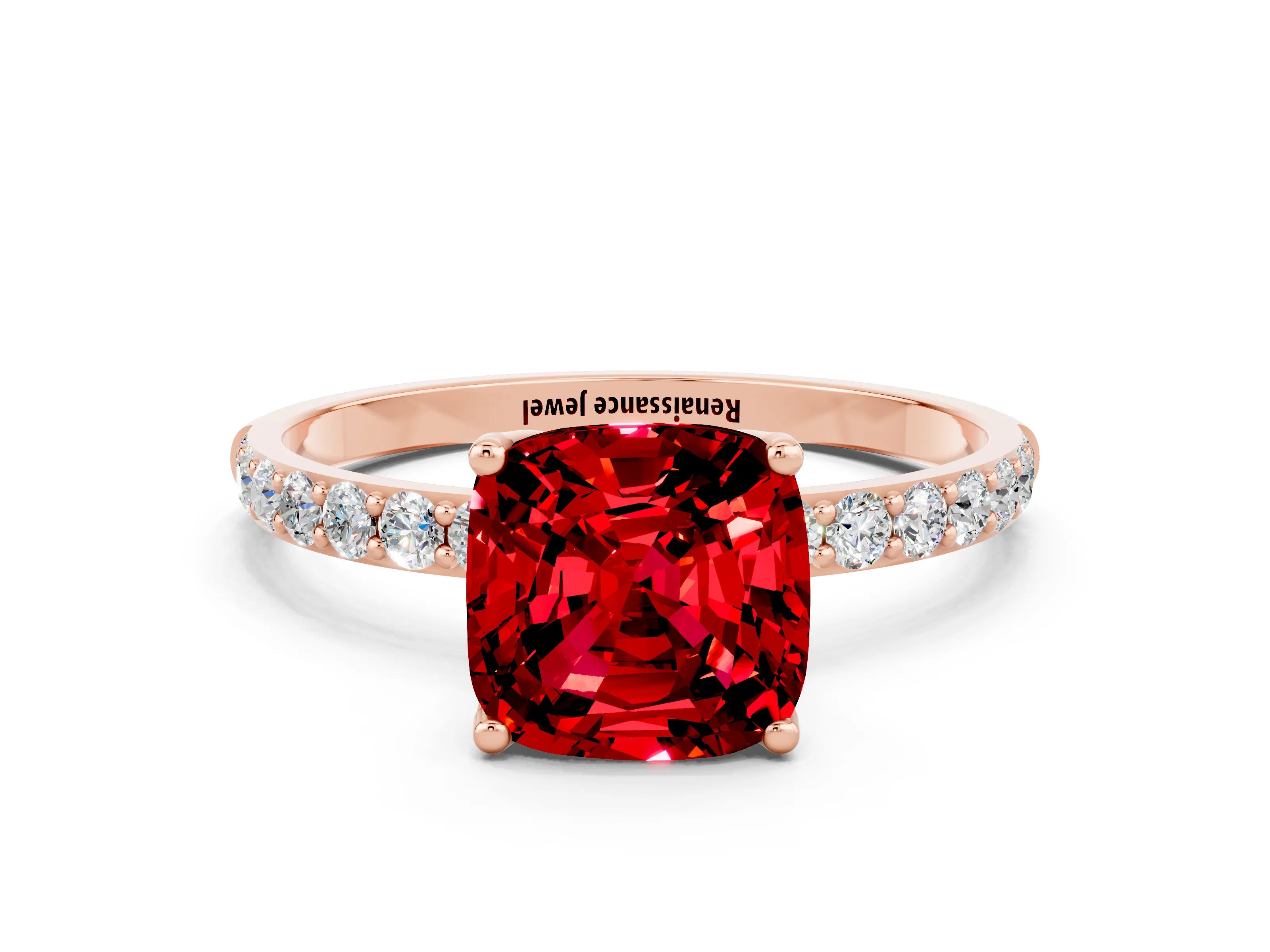 Rose gold Cushion Cut Ruby Solitaire Engagement Ring with Pavé Band and Prong Setting