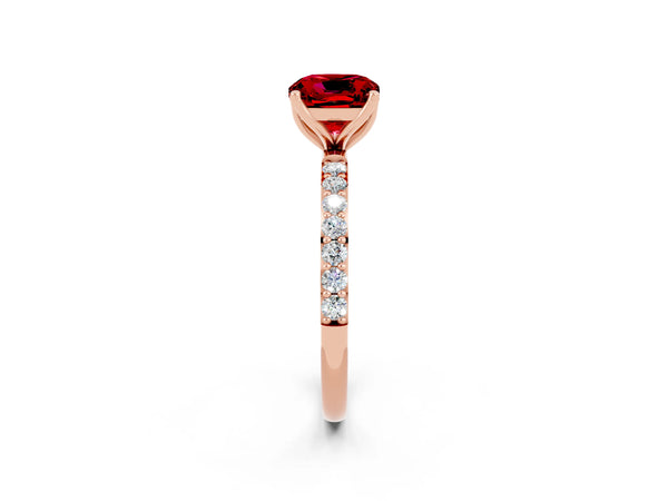 Rose gold Cushion Cut Ruby Solitaire Engagement Ring with Round  Pavé Band and Prong Setting