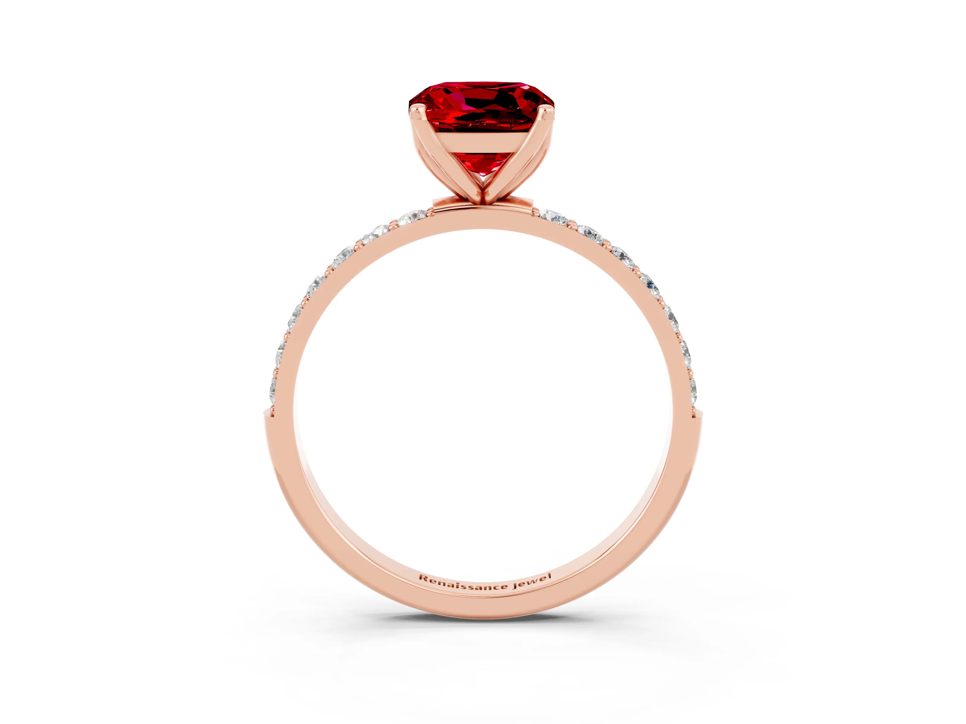 Rose gold Cushion Cut Ruby Solitaire Engagement Ring with Pavé Band and Prong Setting_3