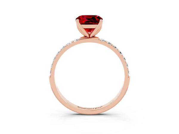 Rose gold Cushion Cut Ruby Solitaire Engagement Ring with Round  Pavé Band and Prong Setting