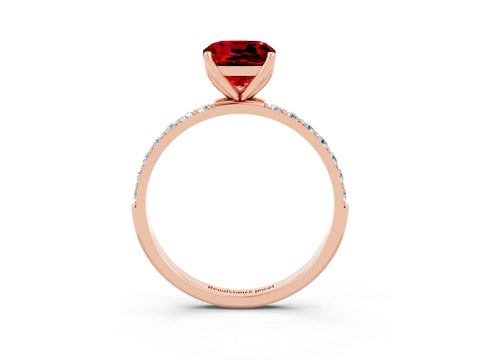 Rose gold Cushion Cut Ruby Solitaire Engagement Ring with Pavé Band and Prong Setting_3