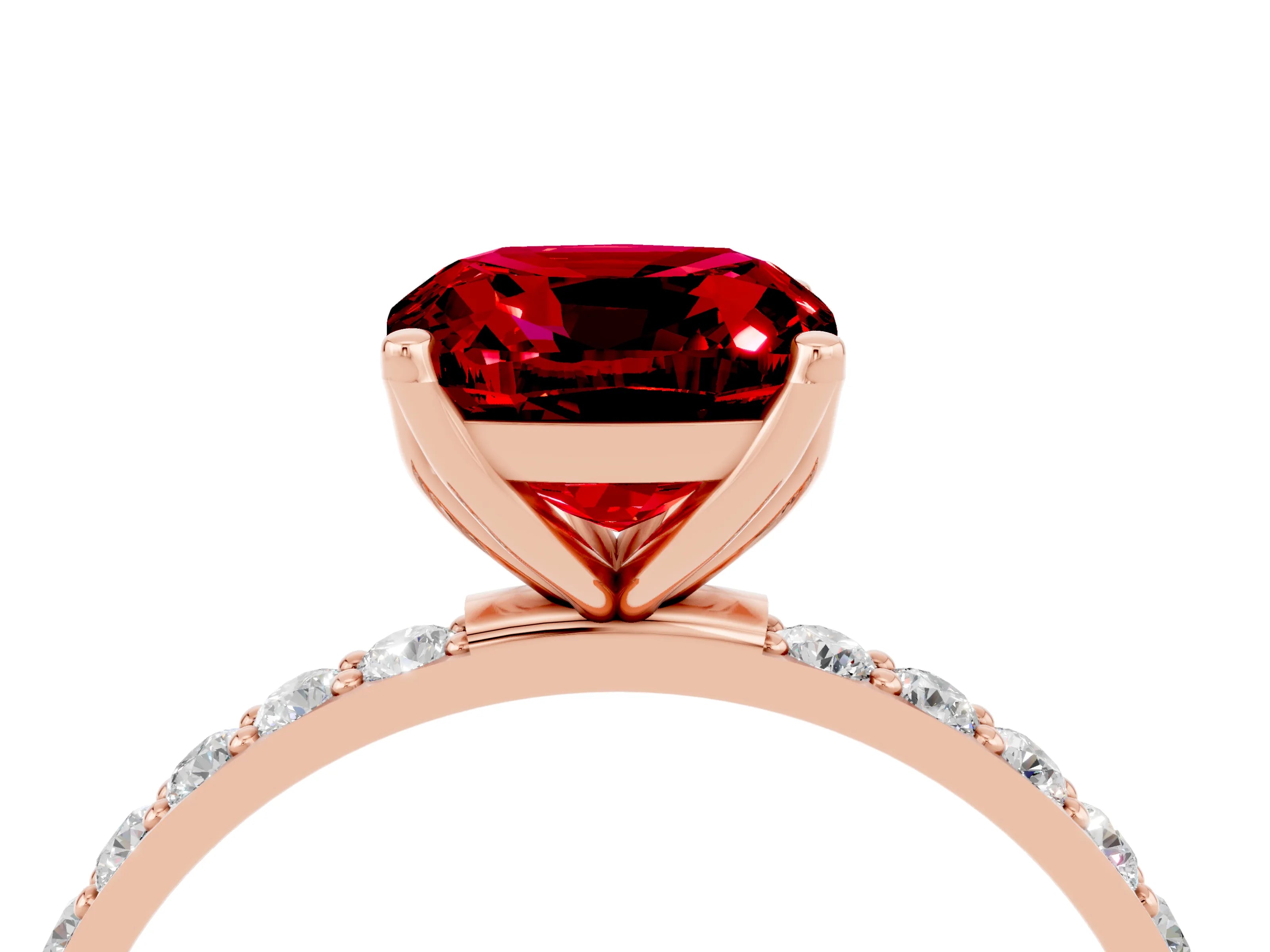 Rose gold Cushion Cut Ruby Solitaire Engagement Ring with Pavé Band and Prong Setting_4