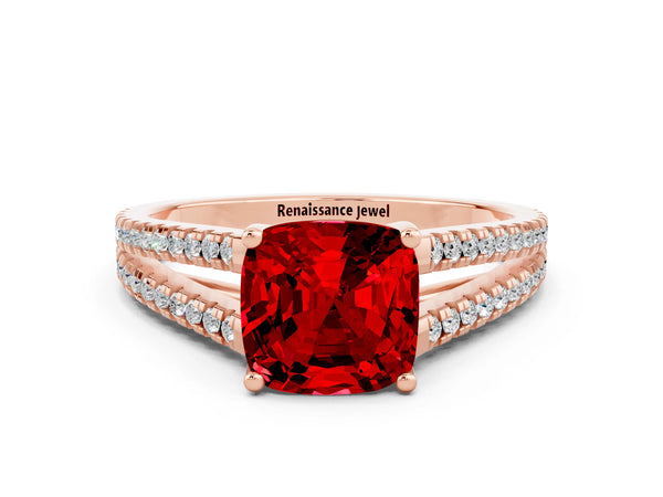 Rose gold Cushion Cut Ruby Solitaire Engagement Ring with Split Shank Pavé Band